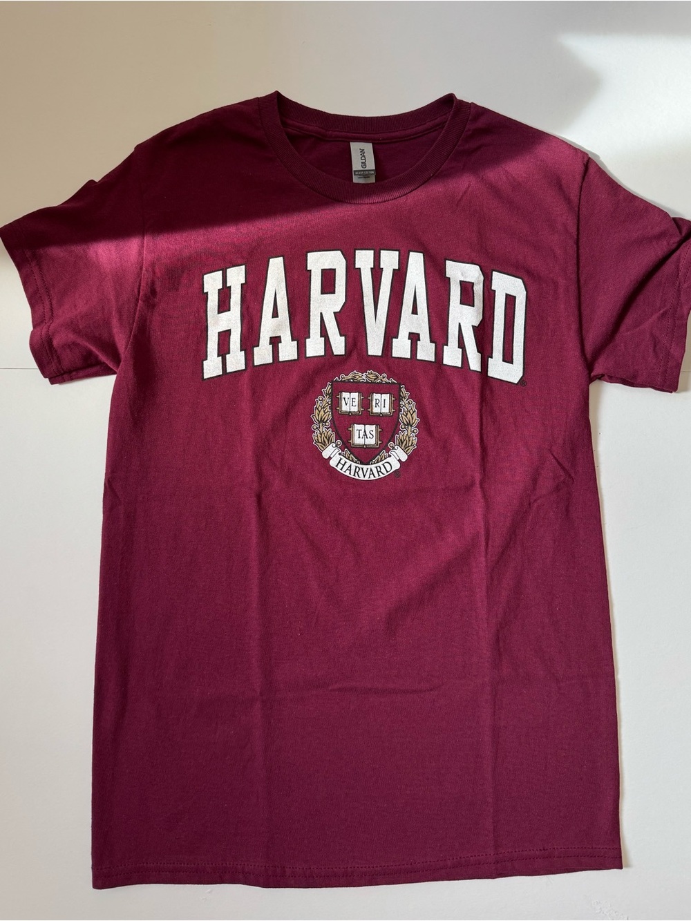 Gildan Maroon Tee with White Harvard Lettering and Crest